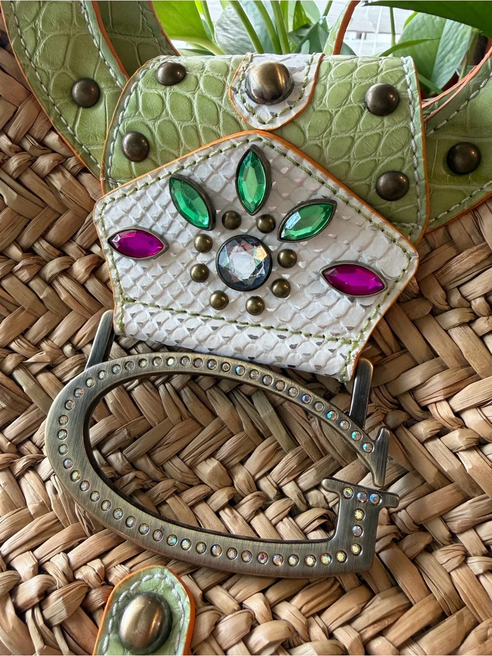 Jeweled Buckle Woven Straw Handbag Green Faux Croc Y2K Boho Purse